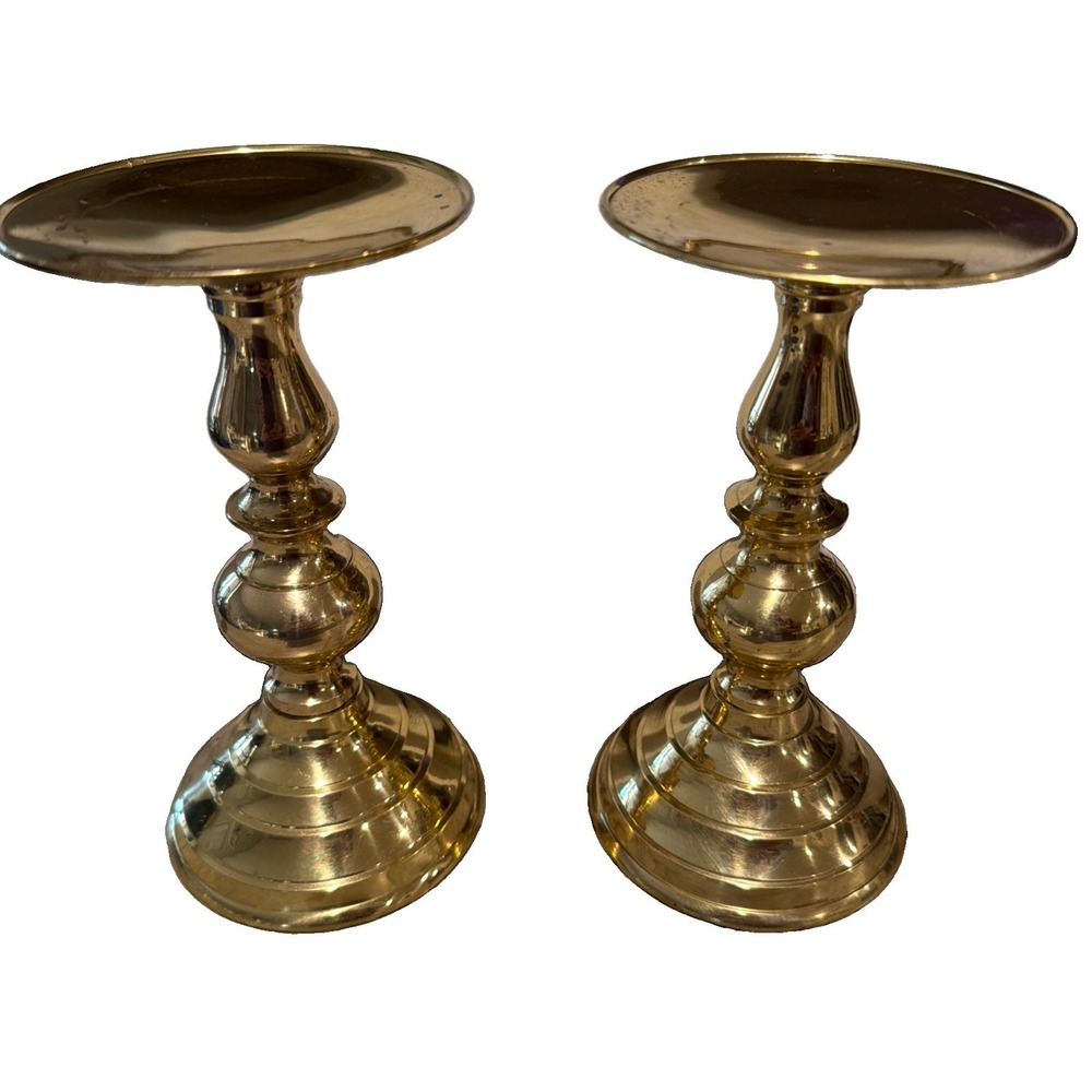 Vtg 2002 Elegant Expressions Lacquered Solid Brass Pillar Candlestick Pair 7"